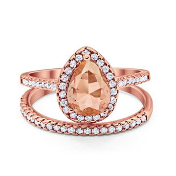 Teardrop Bridal Engagement Ring Rose Tone, Simulated Morganite Cubic Zirconia 925 Sterling Silver